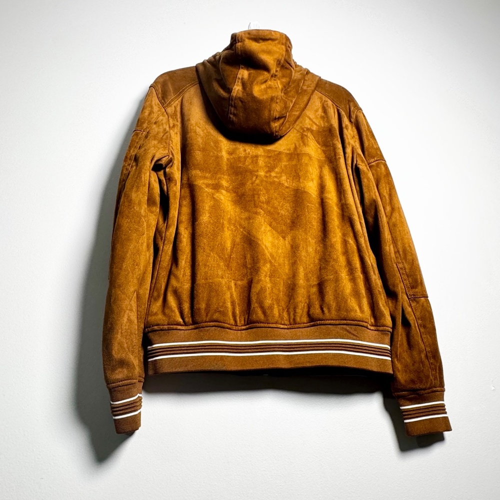 Zara Men's Faux Suede Brown Varsity Bomber Jacket w Hoodie Sz Medium - Picture 10 of 11